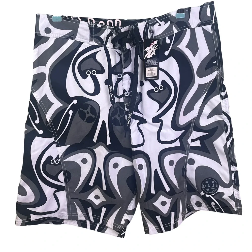 Maui & Sons Black White Abstract Tribal Graphic Board‎ Shorts Beach NWT 34-36